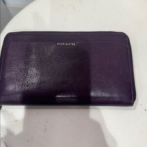 COACH Purple Pebbled Leather Zip-Around Wallet with Gold Logo